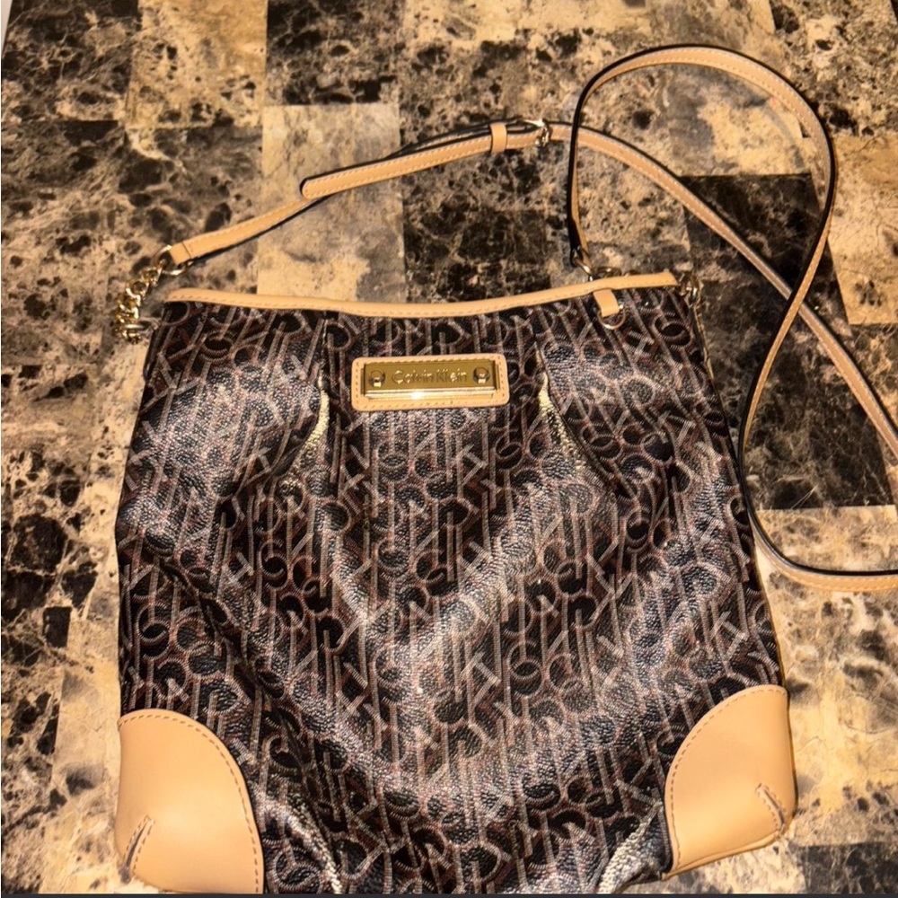 Calvin Klein Brown Monogram Crossbody with Tan Trim and Gold Plate